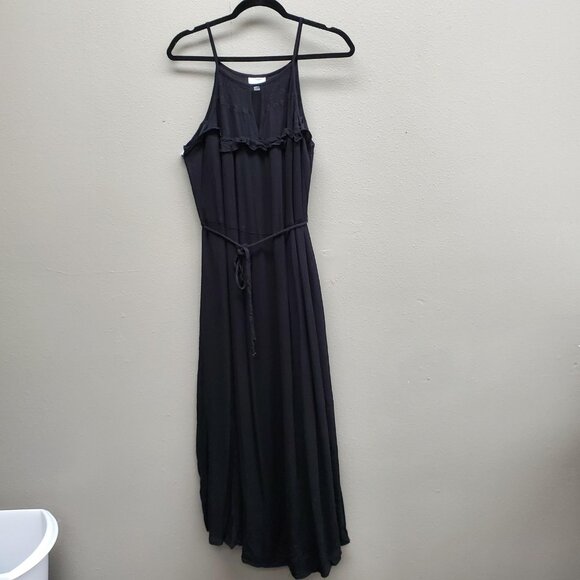 Avenue Dress Womens 18/20 Black Sleeveless Maxi Boho Embroidered Ruffle Belted - Picture 1 of 11